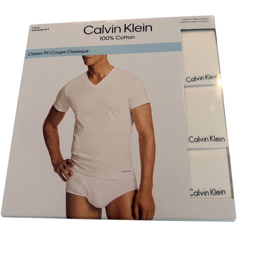 Calvin Klein V Neck T-Shirt Men Medium White New 3-Pack 100% Cotton Classic Fit